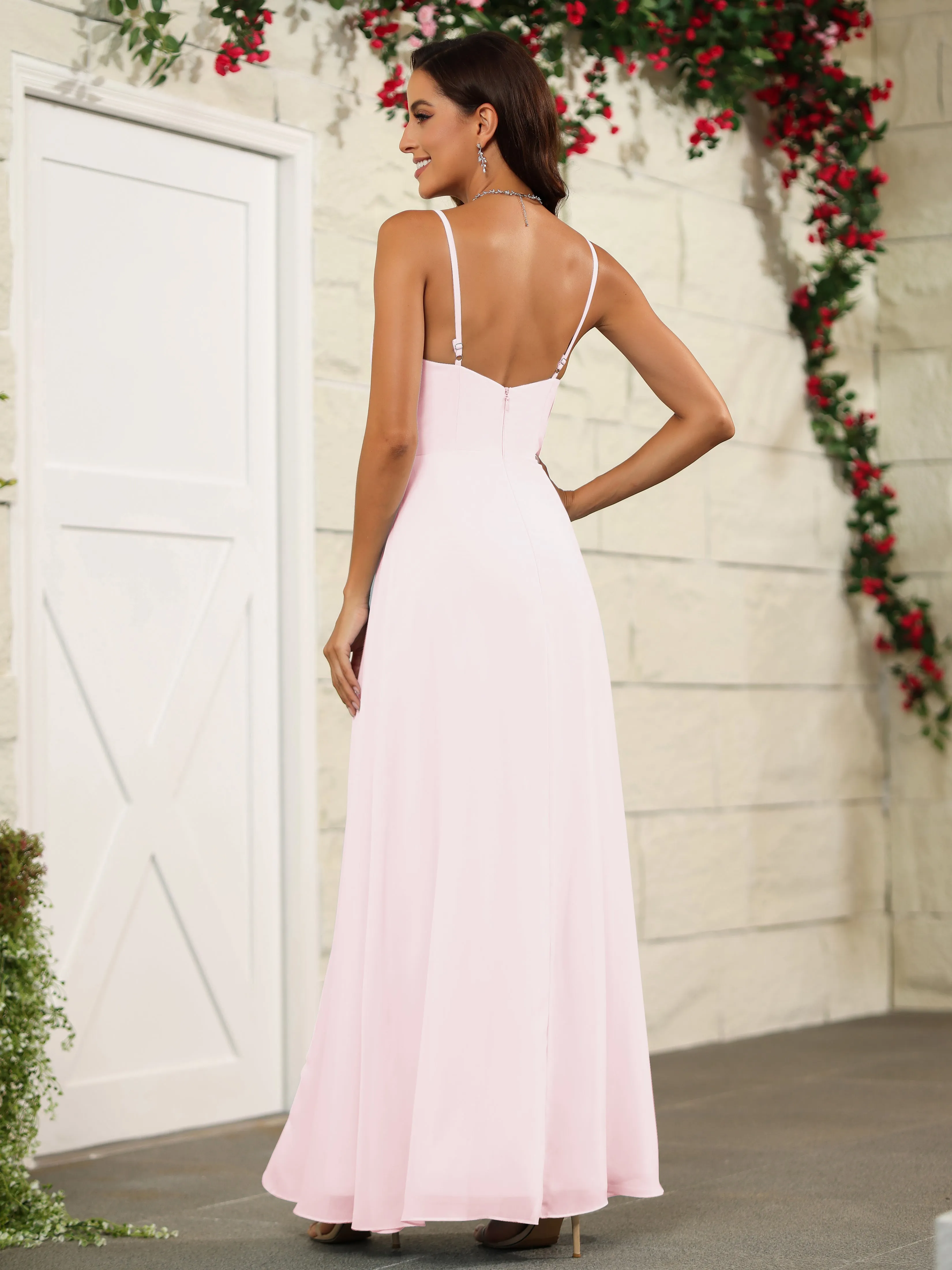 Simple Spaghetti Straps Chiffon Long Bridesmaid Dresses