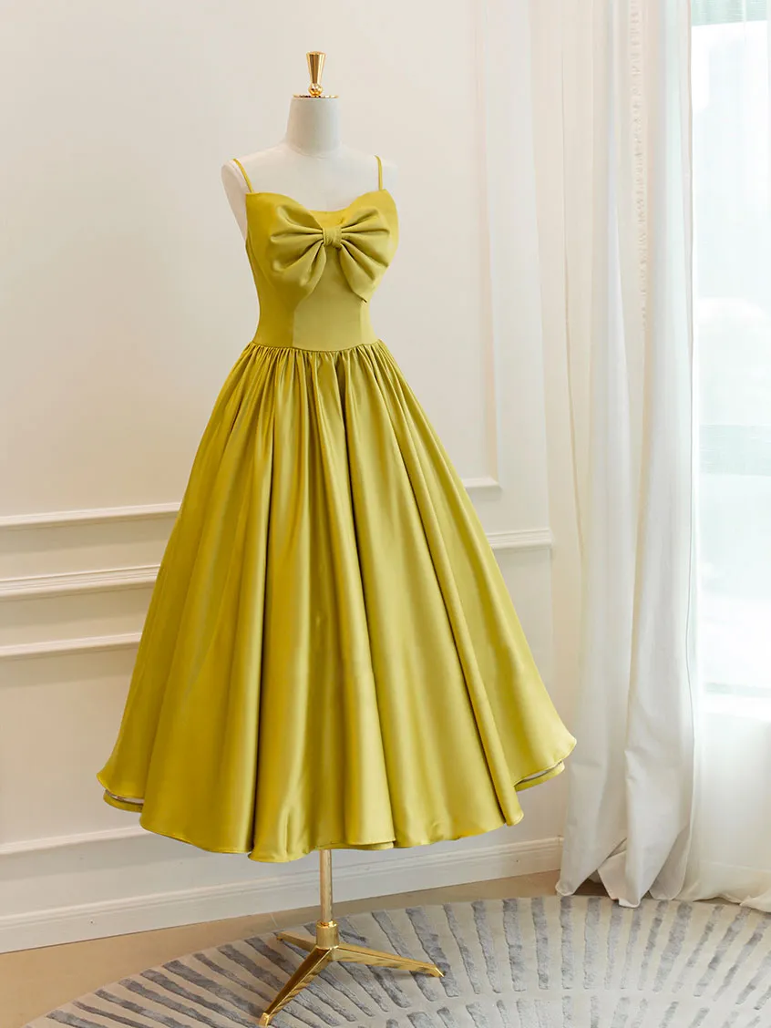 Simple Yellow Satin Tea Length Prom Dress, Yellow Homecoming Dress