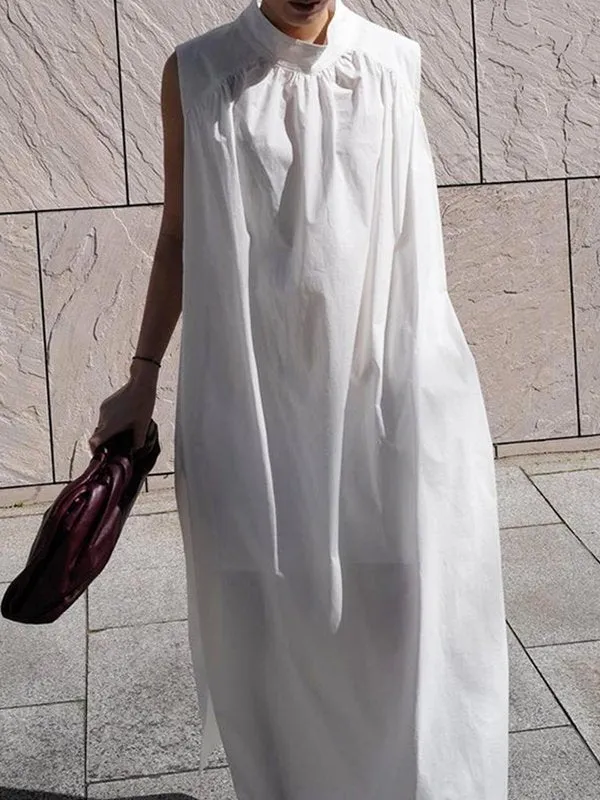 Solid Color Loose Sleeveless Stand Collar Maxi Dresses