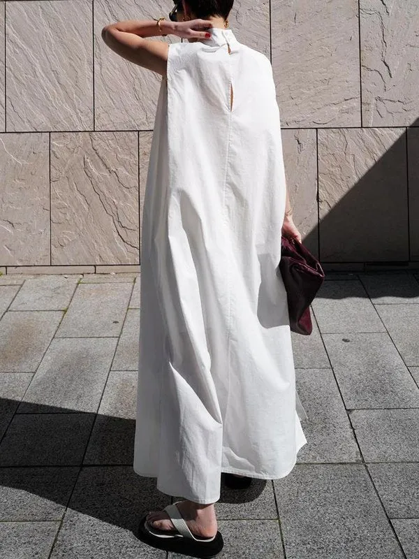 Solid Color Loose Sleeveless Stand Collar Maxi Dresses