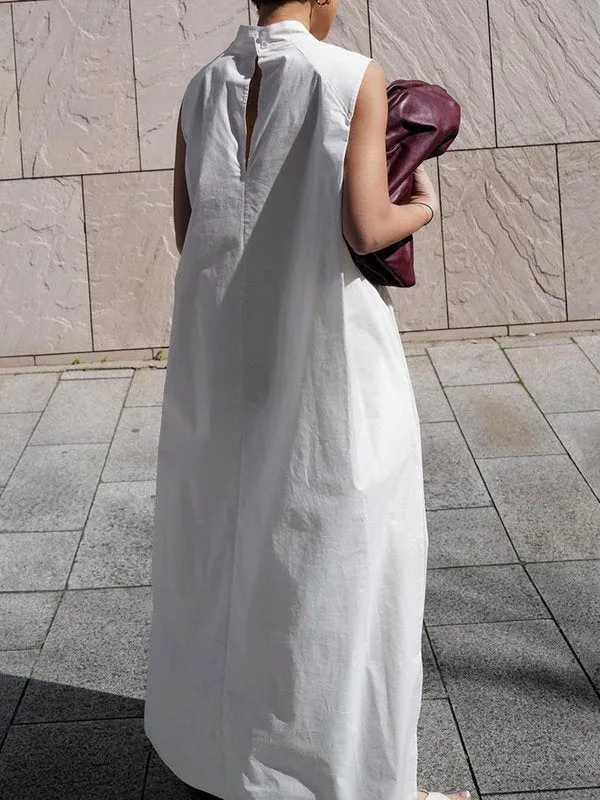 Solid Color Loose Sleeveless Stand Collar Maxi Dresses