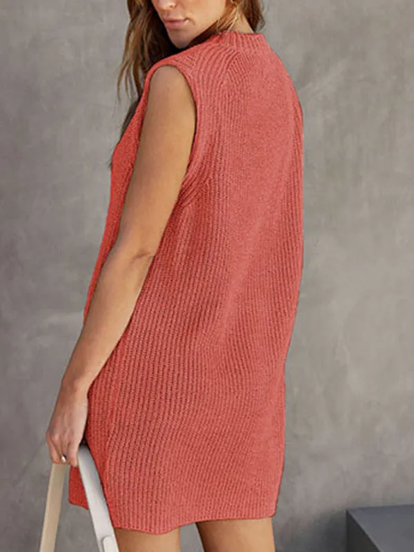 Solid Color Split-Joint Tied Waist Loose Sleeveless Round-Neck Sweater Dresses Mini Dresses