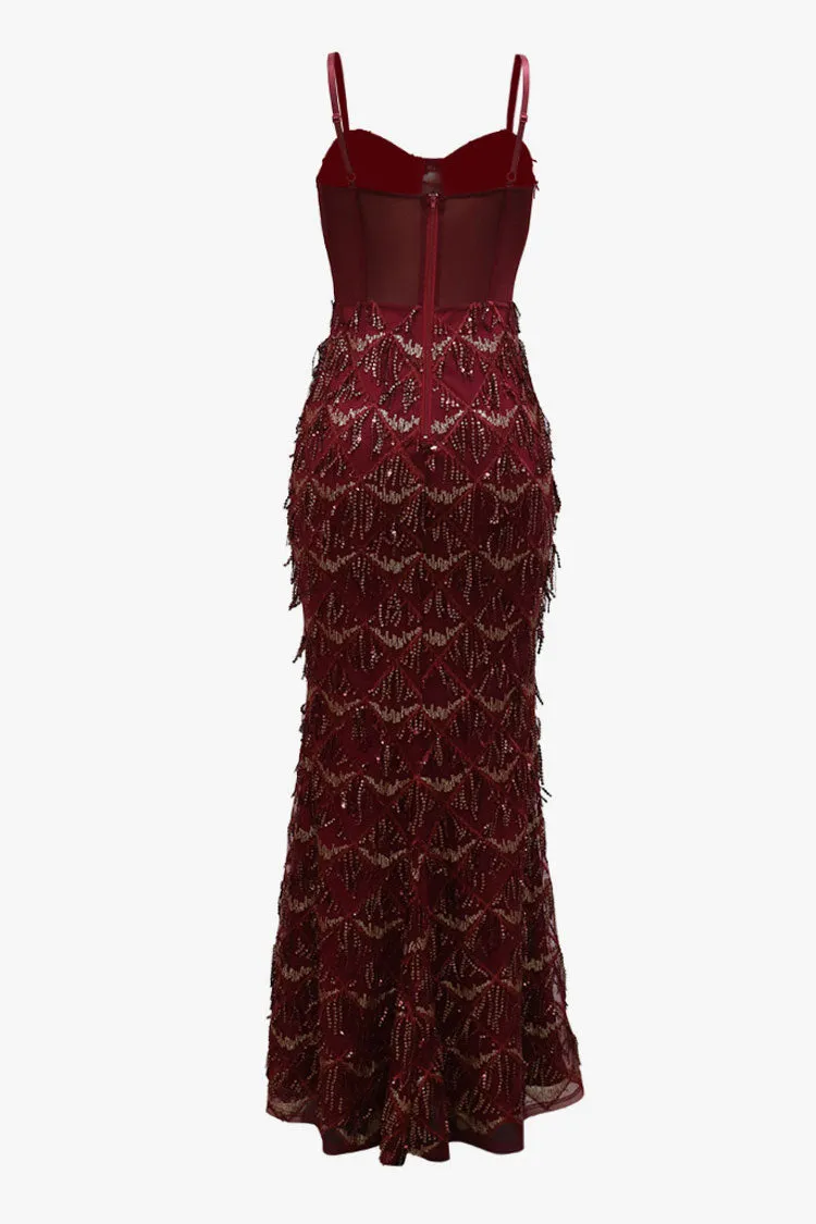 Sparkly Bustier Sleeveless Sheer Drop Waist Fringe Sequin Evening Maxi Dress