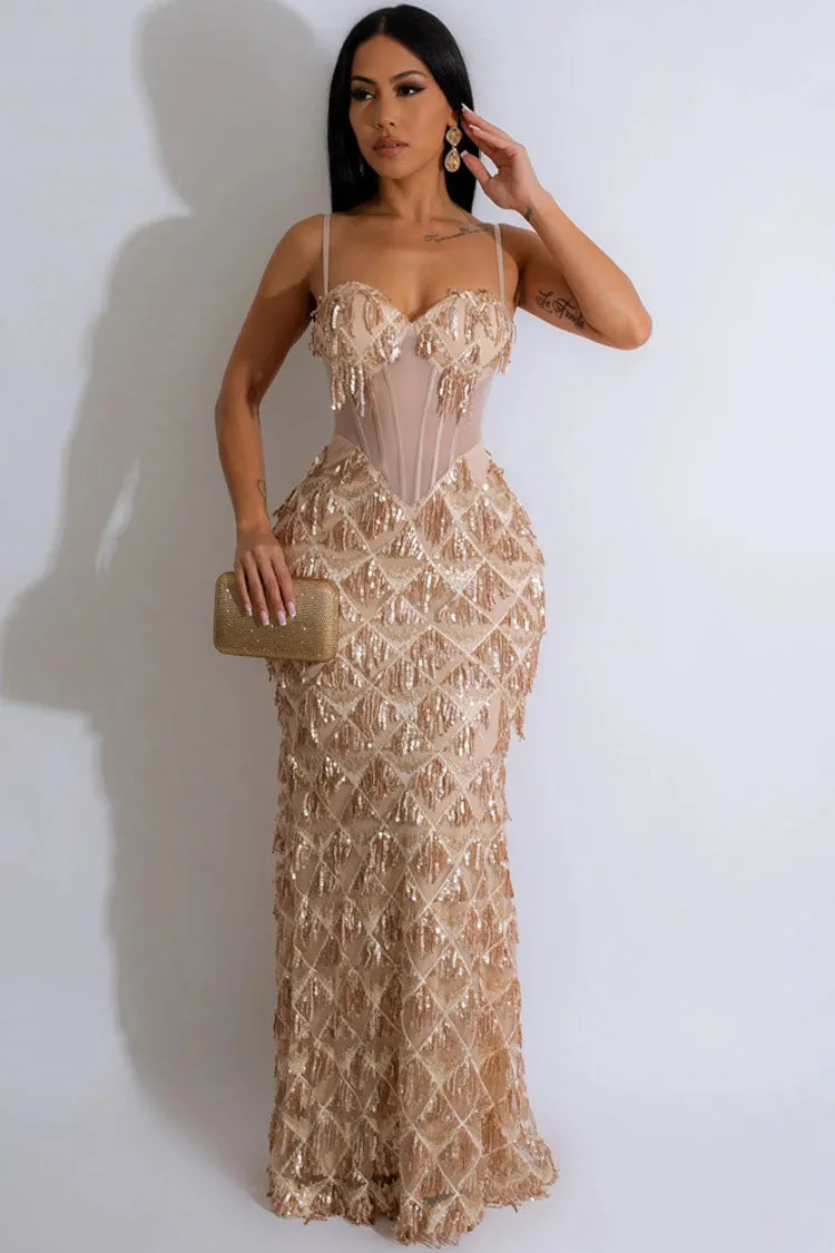 Sparkly Bustier Sleeveless Sheer Drop Waist Fringe Sequin Evening Maxi Dress