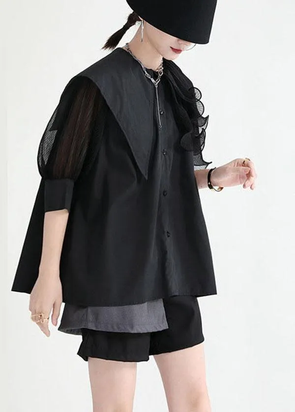 Style Green Asymmetrical Design Patchwork Wrinkled Blouses Half Sleeve