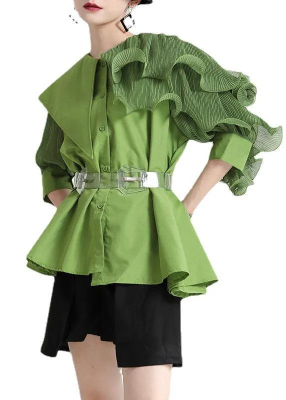 Style Green Asymmetrical Design Patchwork Wrinkled Blouses Half Sleeve