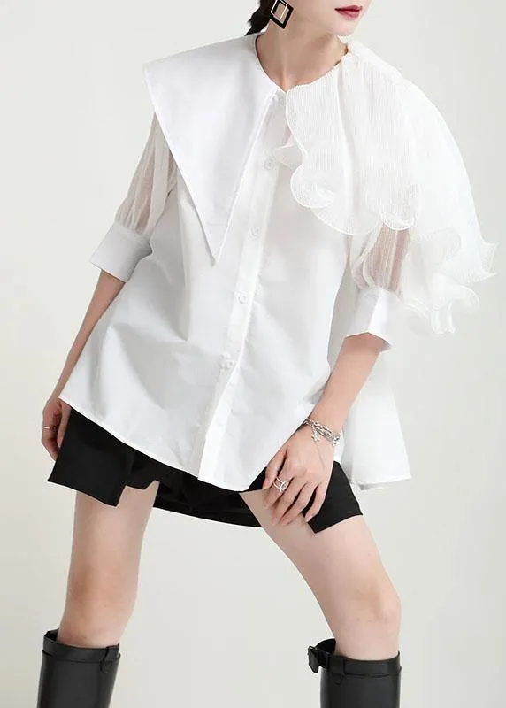 Style Green Asymmetrical Design Patchwork Wrinkled Blouses Half Sleeve