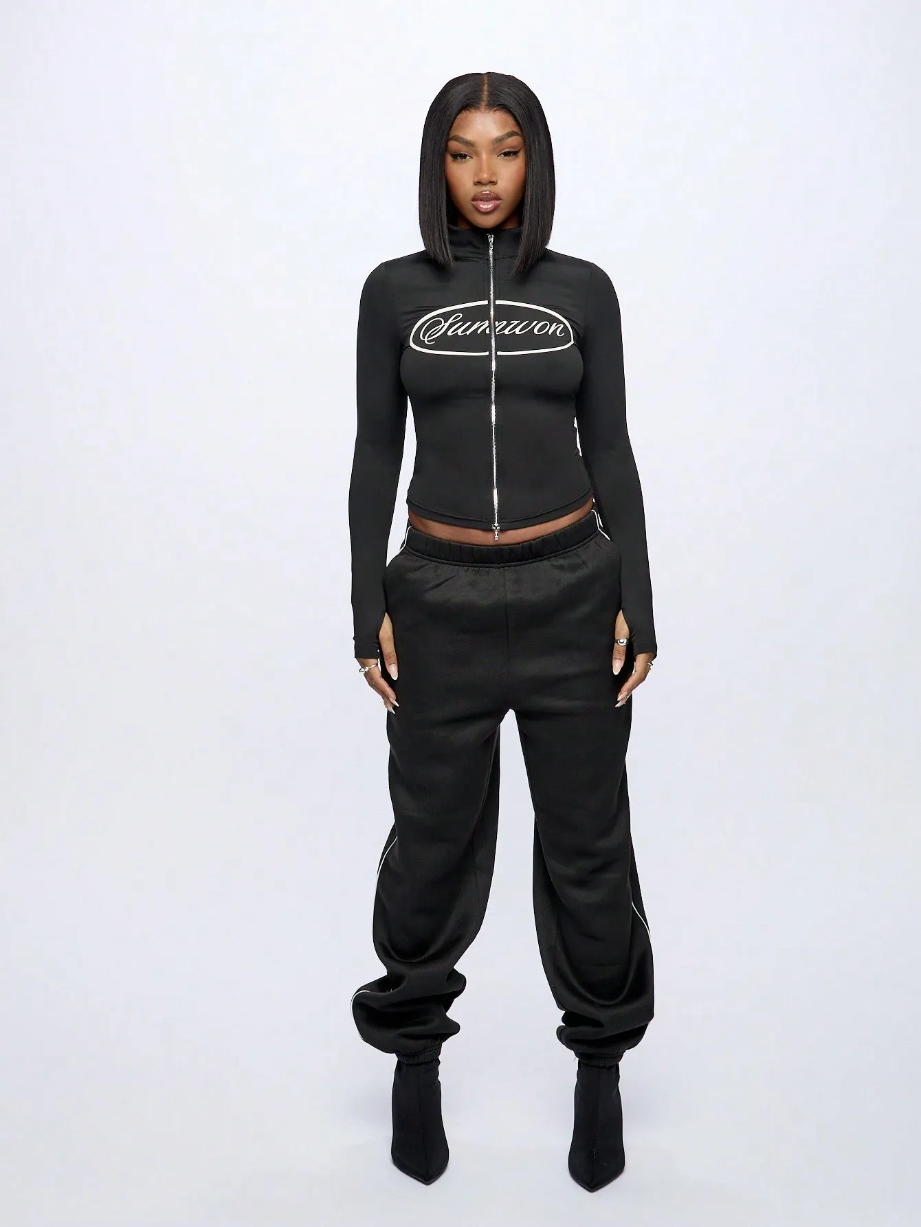 SUMWON WOMEN Graphic Fitted Zip Up Top And Cuff Jogger Set