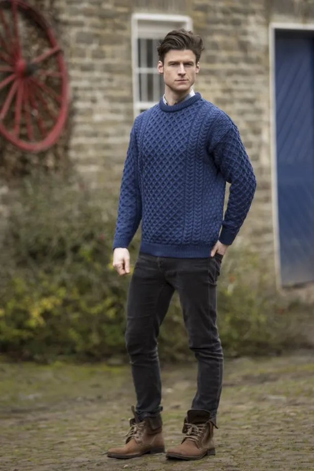 TRADITIONAL MEN'S ARAN SWEATER SUPER SOFT-BLUE