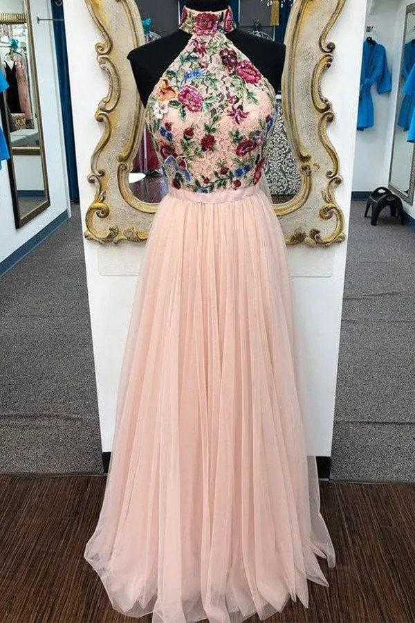 Unique A-line High Neck Floral Lace Cheap Prom Dresses, Evening Dresses, SP615