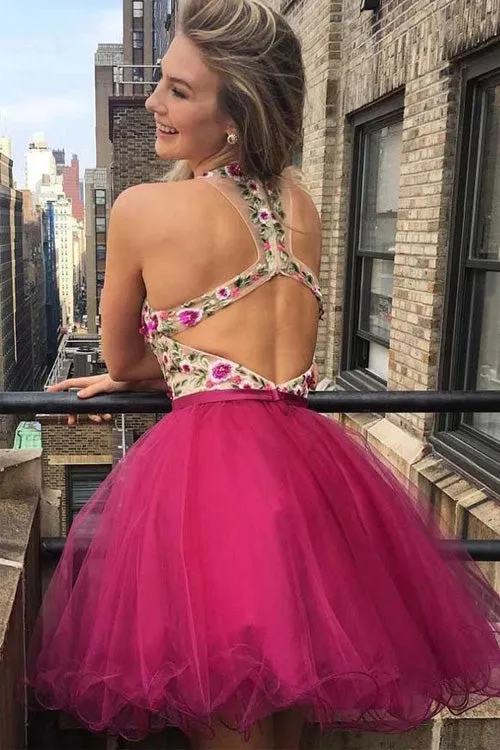 Unique A-line V-neck Tulle Backless Homecoming Dresses with Appliques, SH492