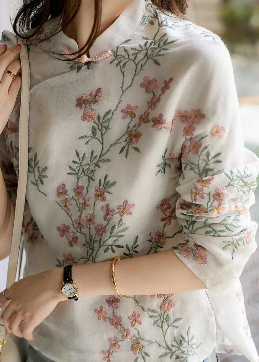 Unique Beige Print Linen Blouses Spring