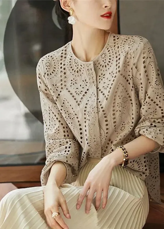 Women Light Khaki O Neck Hollow Out Cotton Blouses Long Sleeve G141