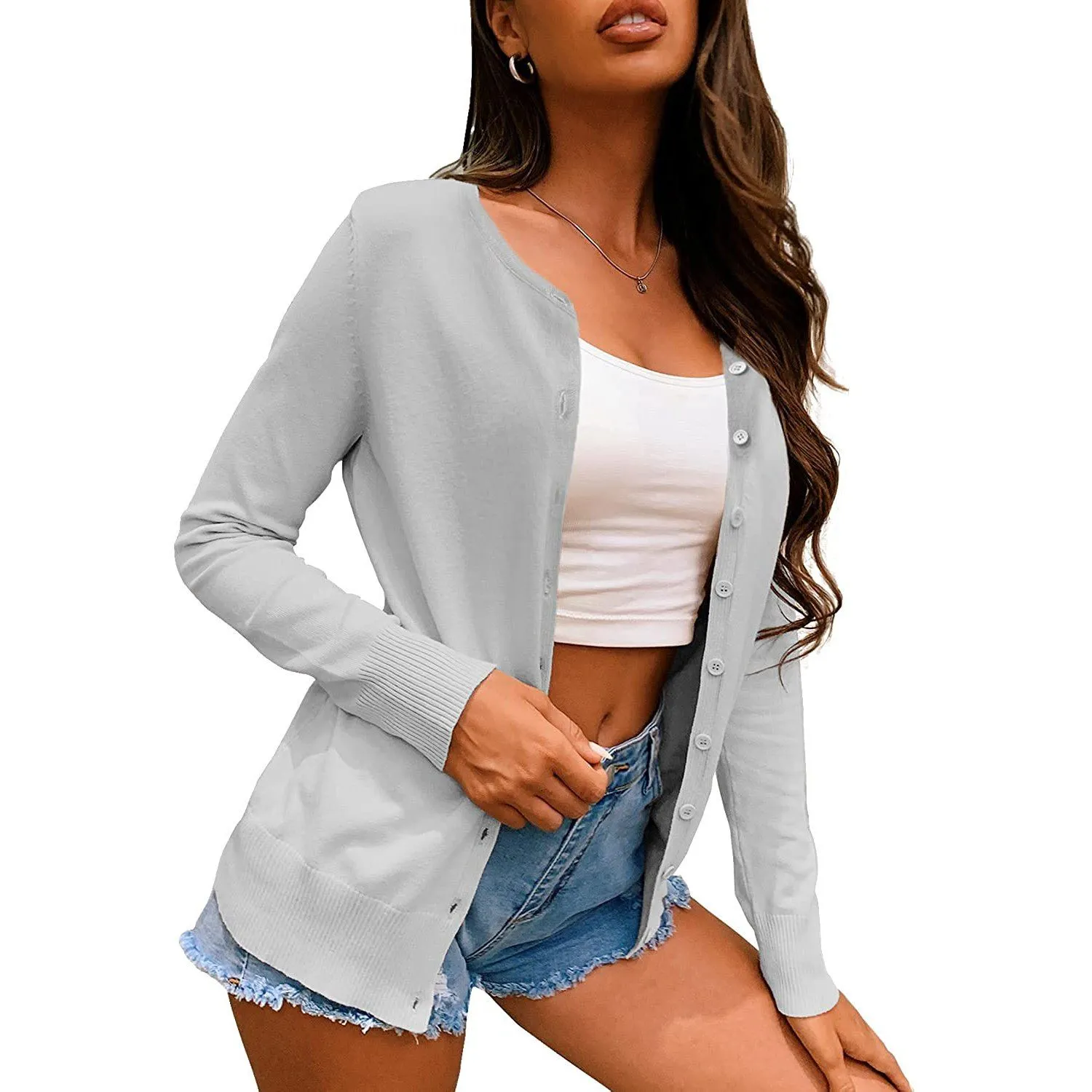 Women's Button Down Crew Neck Long Sleeve Soft Knit Cardigan Sweaters