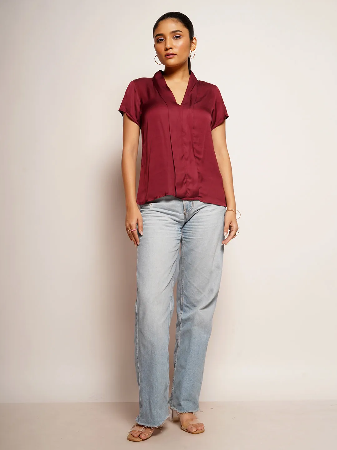Women's Maroon Plain Basic Top