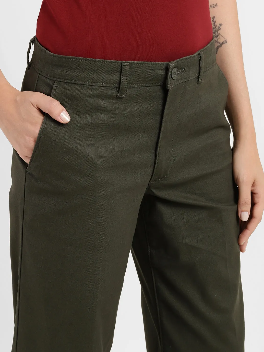 Women's Mid Rise Olive Relaxed Fit Trousers