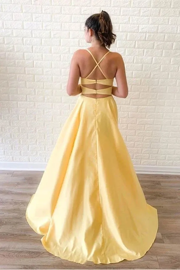 Yellow Sleeveless Split Long Prom Dresses, Sweep Train Evening Dress, SP698